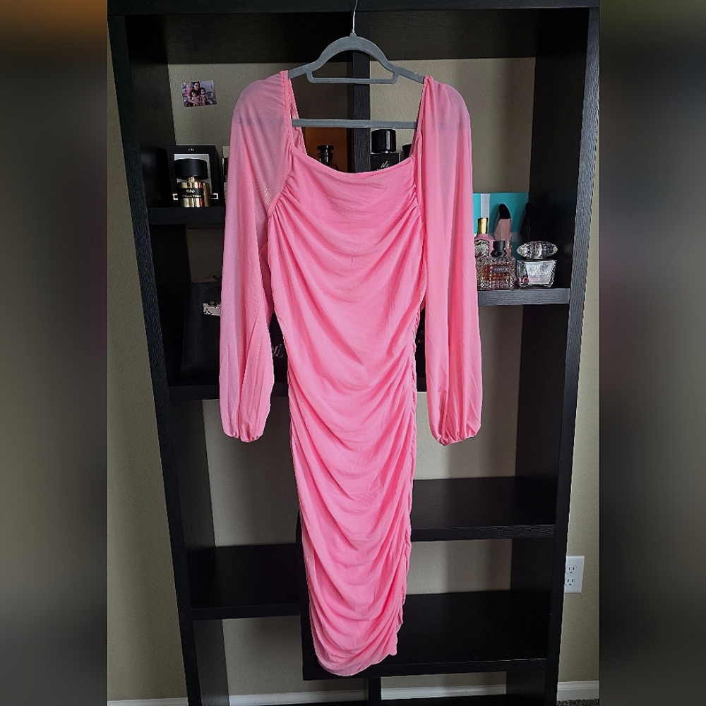 Pink Ruched Bodycon Dress with Bishop Sleeves